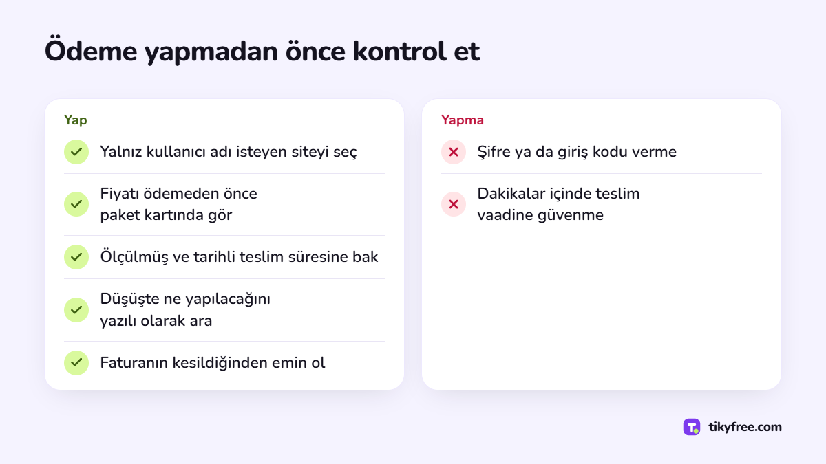 Takipçi satın almadan önce beş kontrol: yalnız kullanıcı adı, açık fiyat, ölçülmüş süre, yazılı telafi, fatura; şifre vermemek ve kesin süre vaadine güvenmemek